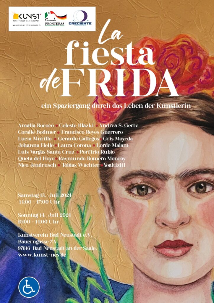Plakat für "La fiesta de Frida" mit einem gemalten Porträt von Frida Kahlo. Veranstaltungsdetails, Künstlerliste und Symbol für Rollstuhlzugänglichkeit sind aufgeführt.